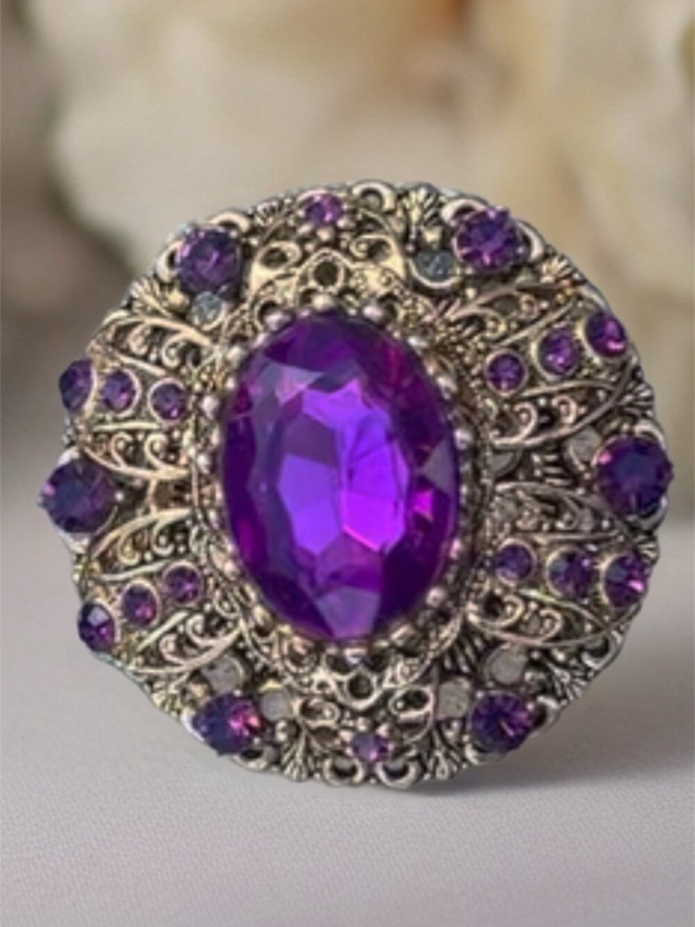 1-1/3" Vintage Gold Plated Florenza Style Ornate Amethyst Glass large brooch